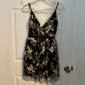 Express Black and Gold Floral V Neck Short Dress